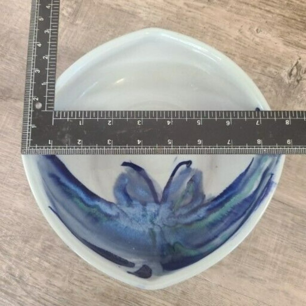 Studio Hand Made Artisan Signed Pottery Rounded Square Bowl Blue Butterfly Glaze - Picture 12 of 12